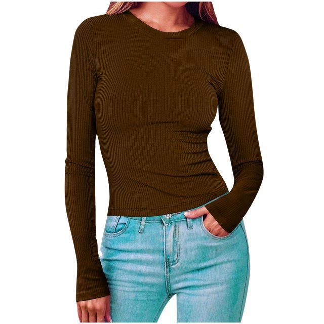Timegard Hauts pour Femmes Col Ras du Cou Manches Longues Confortables Couleur Unie Camisoles Automne Décontracté Ajusté T-Shirts Hauts