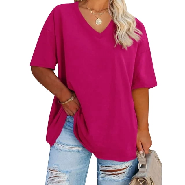 Craaazy T-Shirt à Manches Courtes à Col en V Surdimensionné pour Femmes Grande Taille Coupe Décontractée Blouse d'Été Décontractée Cadeaux