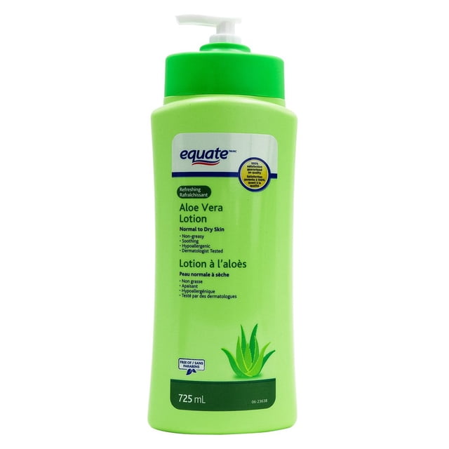 Equate Hydrating Refreshing Aloe Body Lotion, 725 ml, in a light green bottle with a green pump dispenser. The label highlights aloe vera lotion for normal to dry skin, non-greasy, soothing, hypoallergenic, dermatologist tested, and paraben-free. Suitable for daily use to hydrate and calm dry, irritated skin.