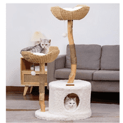 Ourlova 43" Modern Wood Cat Tree, White Aesthetic Cat Tower w/ Large Basket, Scratching Posts, Real Branch Design