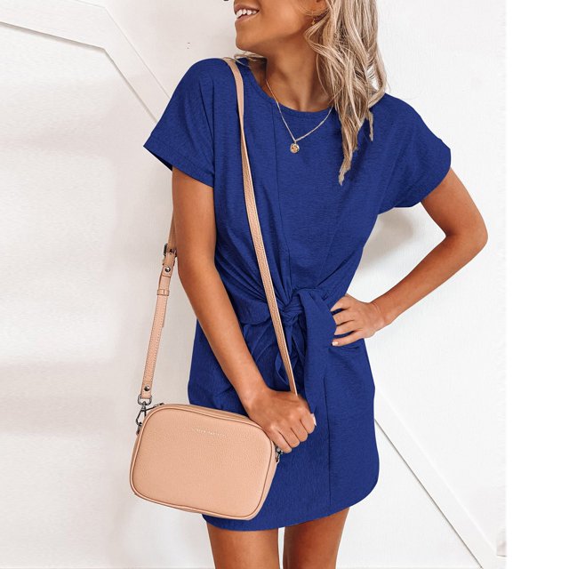 Gspmoly Robes d'Été pour Femmes 2025, Robe Décontractée pour Femmes à la Mode Colorée à Col Rond avec Lien à Manches Courtes, Robes de Soirée pour Femmes Économies d'Été