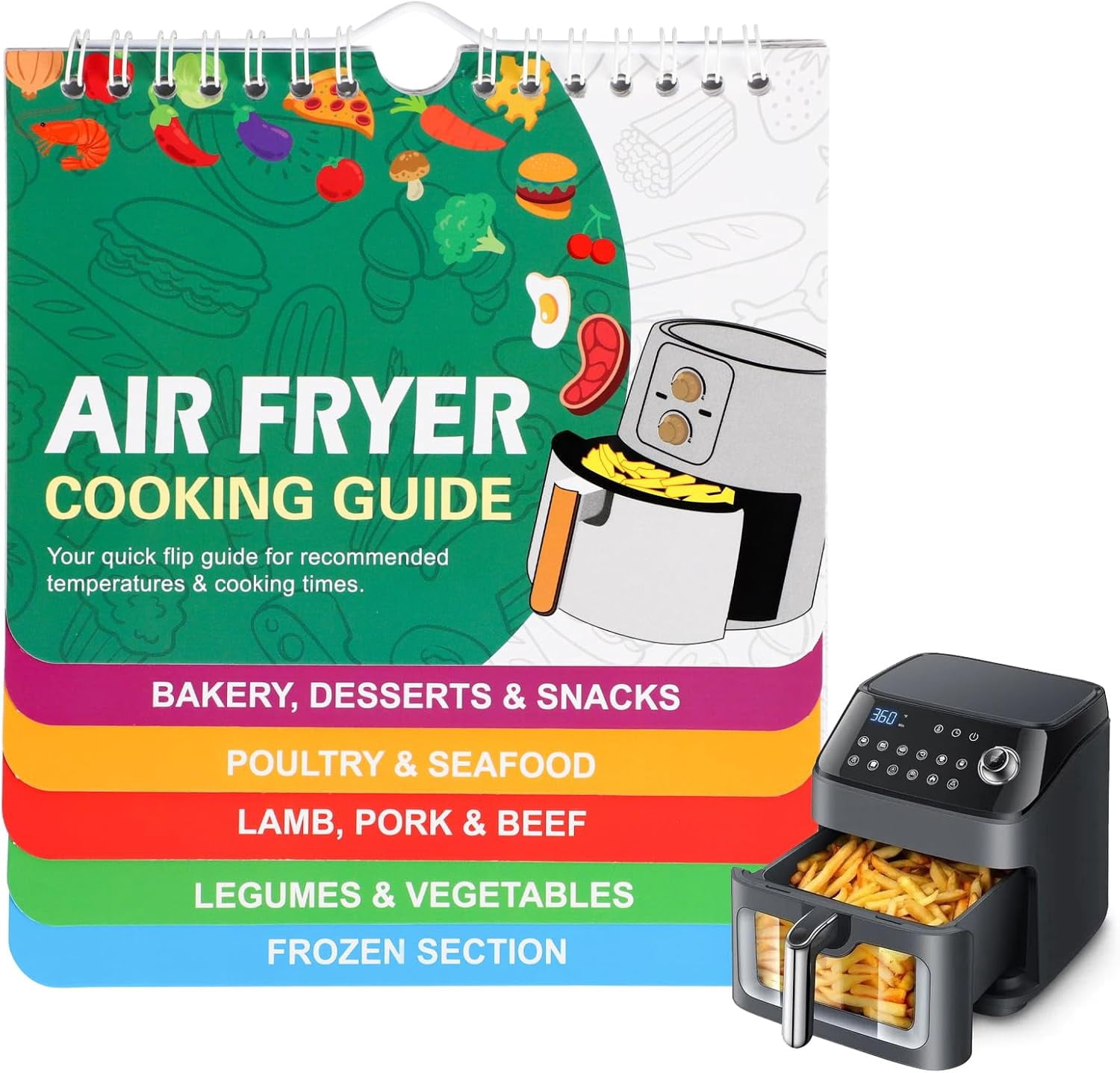 Air Fryer Cooking Guide Magnetic Cheat Sheet, 120 Food Items Cooking Times Conversion Chart Air Fryer Cookbook, Quick Simple Cooking Air Fryer Recipe Book Air Fryer Accessories for Beginners (Green)