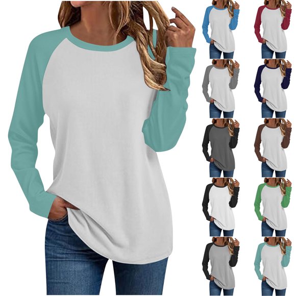 Hfnxid Long Sleeve Shirts for Women Baseball Style Raglan Tops Loose Fit Color Block Basic Tshirts Casual Fall Workout Blouses Coffee S