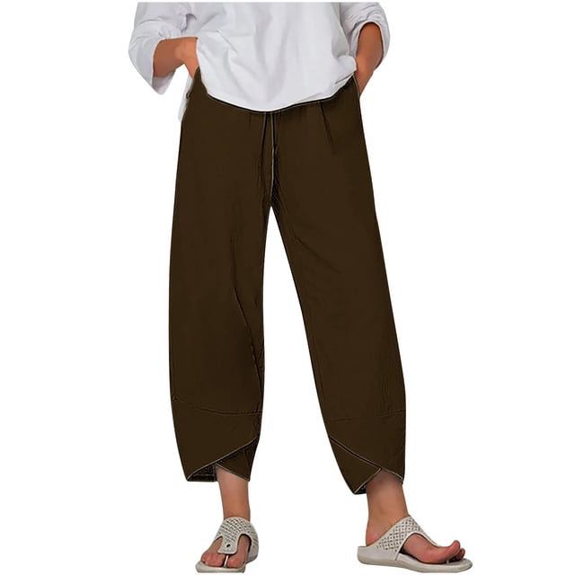 Timegard Plus Size Pants for Women Elastic Waist Solid Color Comfy Fall Casual Crop Pants with Pockets