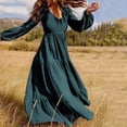thumbnail image 1 of Robe Maxi à Manches Longues pour Femmes, Col Ras du Cou, Couleur Unie, Col à Nouer, Décontractée, Taille Haute, Ourlet à Volants, Bohème, Fluide, Longue, 1 of 3