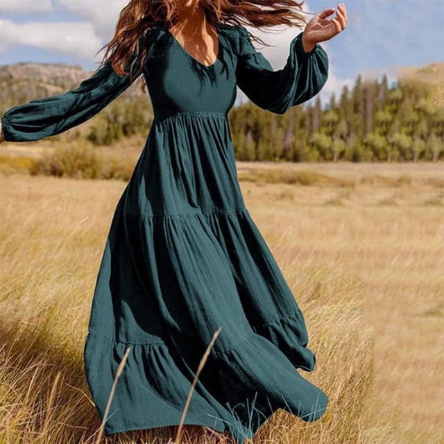 Robe Maxi à Manches Longues pour Femmes, Col Ras du Cou, Couleur Unie, Col à Nouer, Décontractée, Taille Haute, Ourlet à Volants, Bohème, Fluide, Longue
