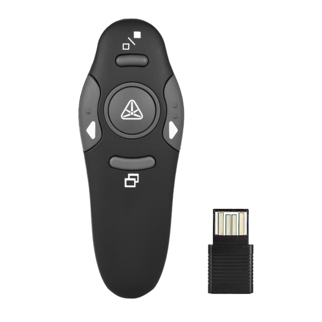 Presenter, Presentation Clicker USB PowerPoint remote with a red laser pointer and USB receiver. Features a 2.4GHz wireless connection, ergonomic design, and compact size. Includes buttons for page navigation, full screen, and black screen control. Effective control distance of approximately 15m. Suitable for teachers, lecturers, and presenters.