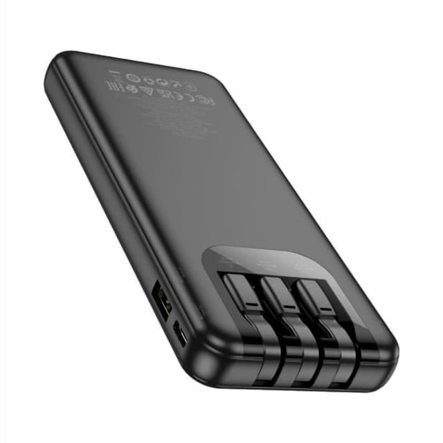 Hoco Power bank “J114 Charger” 10000mAh with a sleek black ABS and PC flame-retardant shell. Features a 10,000mAh capacity, LED digital display for power level, and multiple built-in cables for Lightning, Type-C, and Micro-USB connections. Includes one USB-A output and supports fast charging with a total output of 5V/2A. Compact design measuring 150 × 68 × 16mm and weighing 222g.