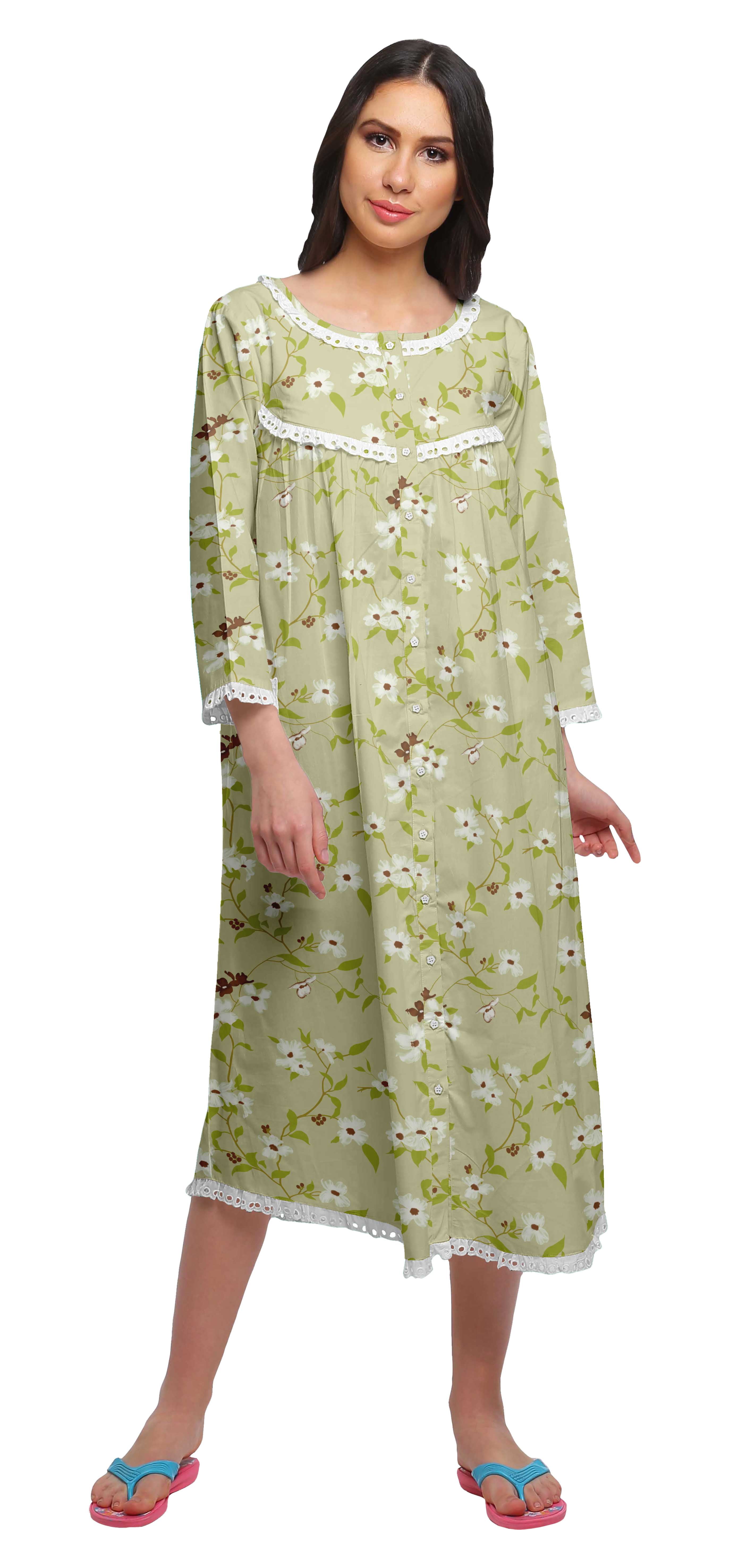 Moomaya Robe de Nuit Imprimée Longueur Genou en Coton avec Bordure en Dentelle Manches 3/4 pour Femmes