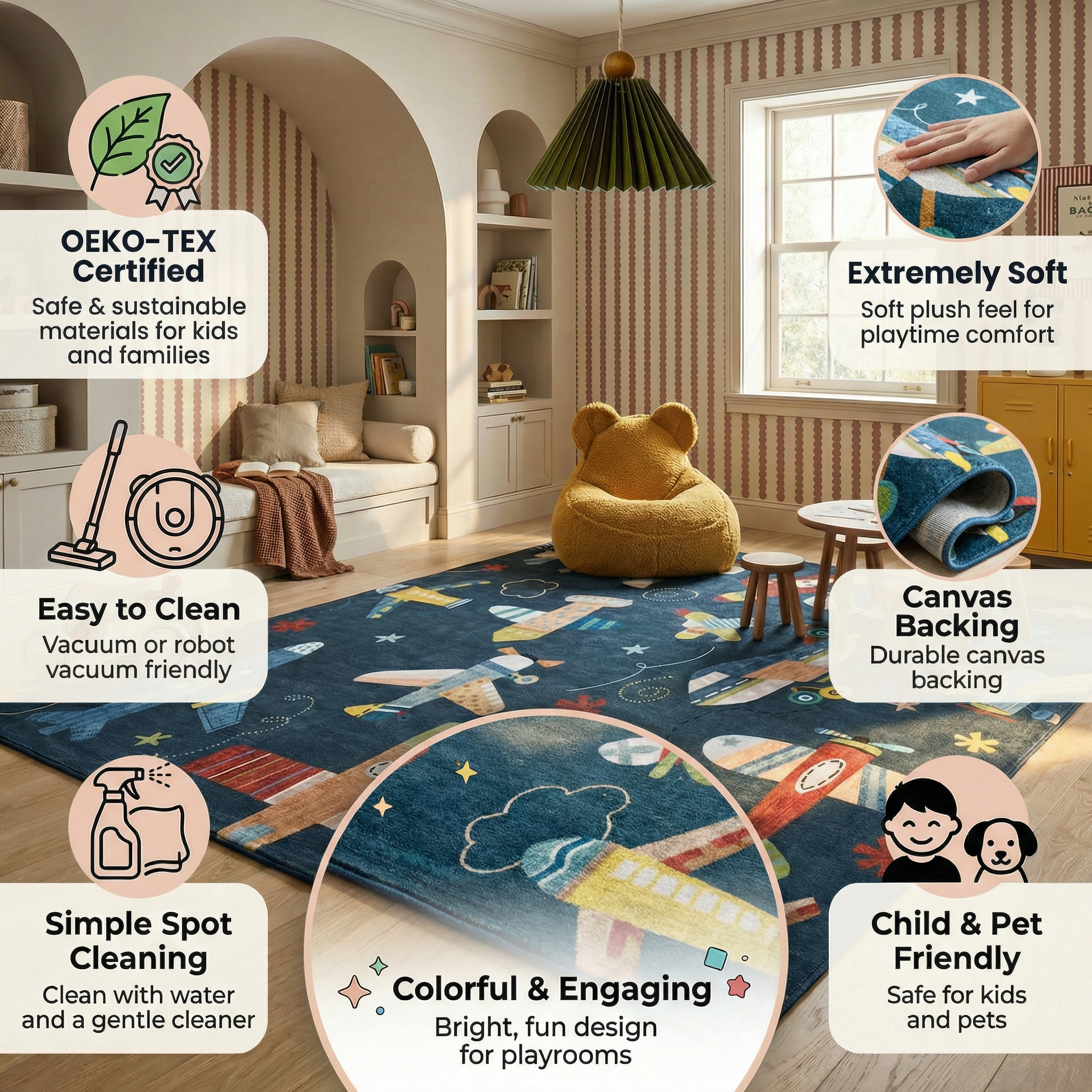 Tapis doux pour la zone de jeu Rug Branch Soft Steps, bleu marine - Salle de jeux, chambre d'enfant, chambre pour garcons et filles