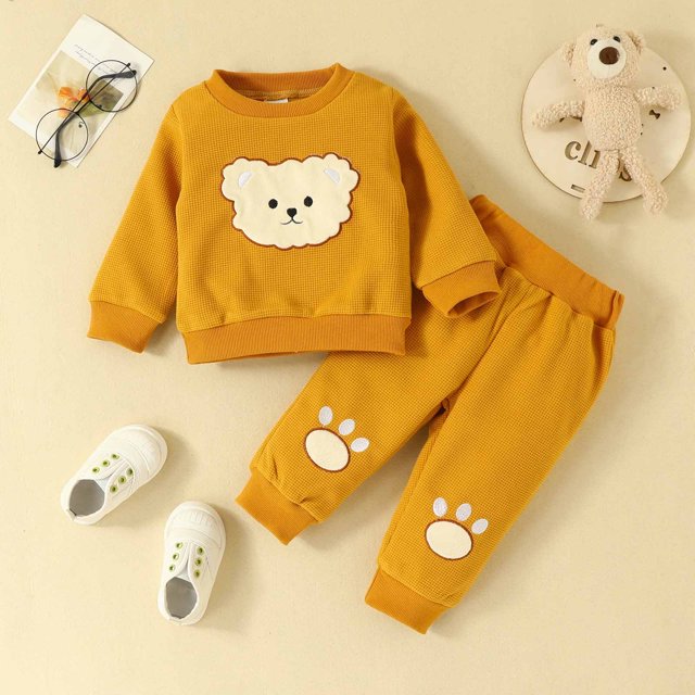 Tenues 2 Pcs pour Filles Hiver Ours Brodé Manches Longues Col Rond Chandail Pantalon Ensemble 2 Pcs en Liquidation