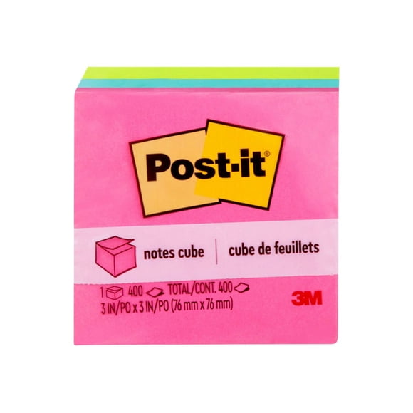 Cube de feuillets 2027-BRT Post-it®, couleurs vives, 76 mm x 76 mm (3 po x 3 po), 1 cube/paquet, 400 feuillets/cube