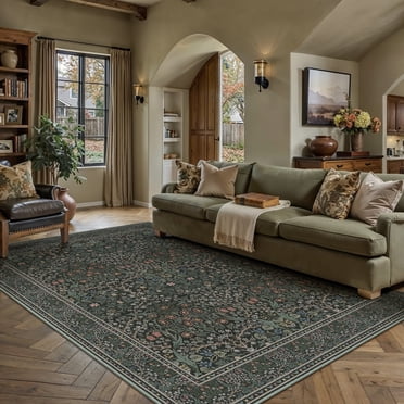 BERTHMEER 5'x7' Area Rugs for Living Room Bedroom Dining Room Farmhouse Dorm Office Non Slip Washable Oriental Vintage Traditional Retro Indoor Rugs Carpets, Deep Green