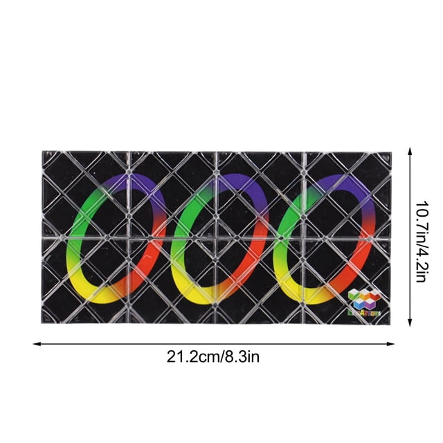 Leutsin Fidget Toys 8 Panels 3 Rings Magic Folding Puzzle Cubes Twi Sty Stress Relieve. A rectangular black puzzle board featuring 8 panels with 3 interlocking colorful rings in red, green, yellow, and purple. The board measures 21.2 cm (8.3 in) by 10.7 cm (4.2 in). Made from eco-friendly, non-toxic materials, this folding puzzle is designed for stress relief and cognitive skill development. Suitable for children and adults, it can be folded into various shapes for an engaging and portable activity.