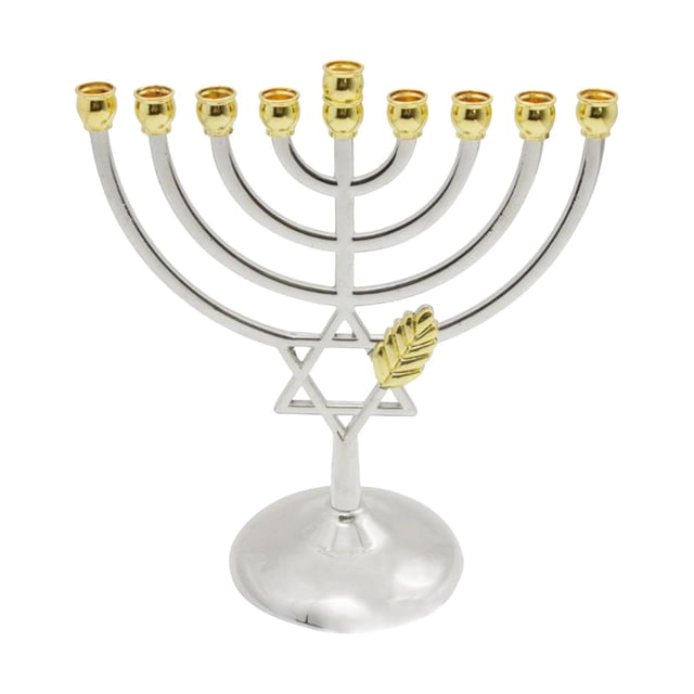 Metal Hanukkah Candleholder Candelabras Geometric Hanukkah Decorative Menorah crafted from durable gray metal with gold accents on the candle cups and a Star of David centerpiece. This traditional menorah features a stable round base, suitable for taper candles, and is ideal for Hanukkah celebrations, prayer tables, or festive home décor.