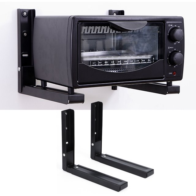 Metal Microwave Holder, Microwave Oven Storage, Adjustable Computer Racks Home For Microwave Ovens Tables. Black metal wall-mounted microwave holder with telescopic brackets, shown supporting a microwave oven. Includes two brackets, four white accessories, and screws for installation. Adjustable length with fixed screws, suitable for various microwave styles and other uses like computer racks or tables. Durable, high-hardness metal with strong bearing capacity.