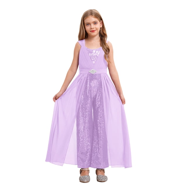 TiaoBug Combinaison à Sequins pour Filles Combinaisons Sans Manches Robe Maxi en Chiffon Combinaisons pour 7-14 Ans Violet 8