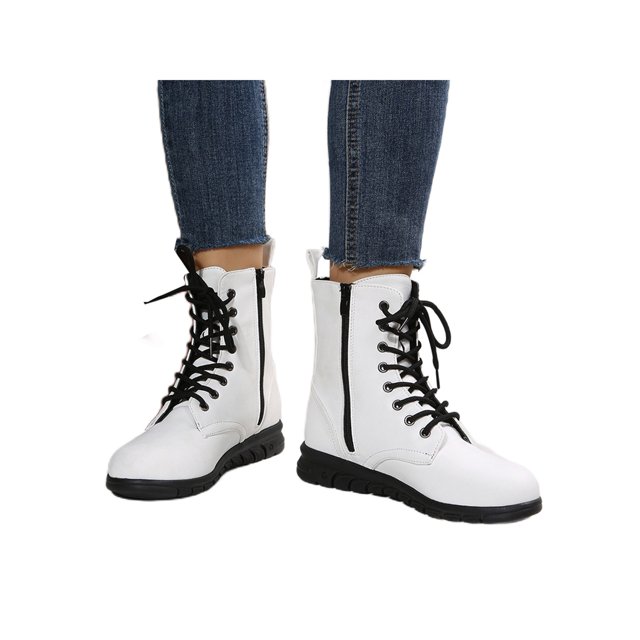 Woobling Womens Comfortable Ankle Boots Work Lace Up Boot Slip Resistant Leather Booties White 4.5