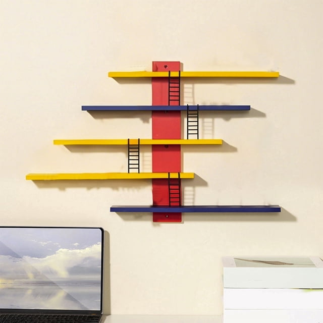 Storage Box Storage Containers Toy Display Shelves with multicolour panels in yellow, blue, and red, designed as a wall-mounted figure rack. Features black ladder accents for hanging collectibles and organizing toys. Space-saving decor shelf made of magnetic wooden material, suitable for wall decor and display shelves. Mounted on a beige wall with a laptop and books nearby.