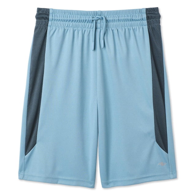 Athletic Works Boys' Knit Active Short in light blue with dark grey breathable mesh side panels, elasticized waistband with adjustable drawstring, made of 100% recycled polyester interlock knit featuring DRI-MORE moisture-wicking technology, relaxed fit suitable for sports, gym class, or casual wear.