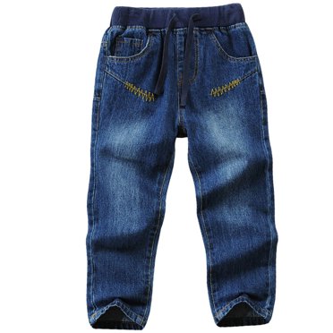 Wdgfv Jeans en Denim pour Tout-Petits Garçons, Taille Mi-Haute Élastique, Délavés, Pleine Longueur, Coupe Droite, Jeans en Denim Confortables et Durables, Pantalon Décontracté Bleu 2-3 Ans