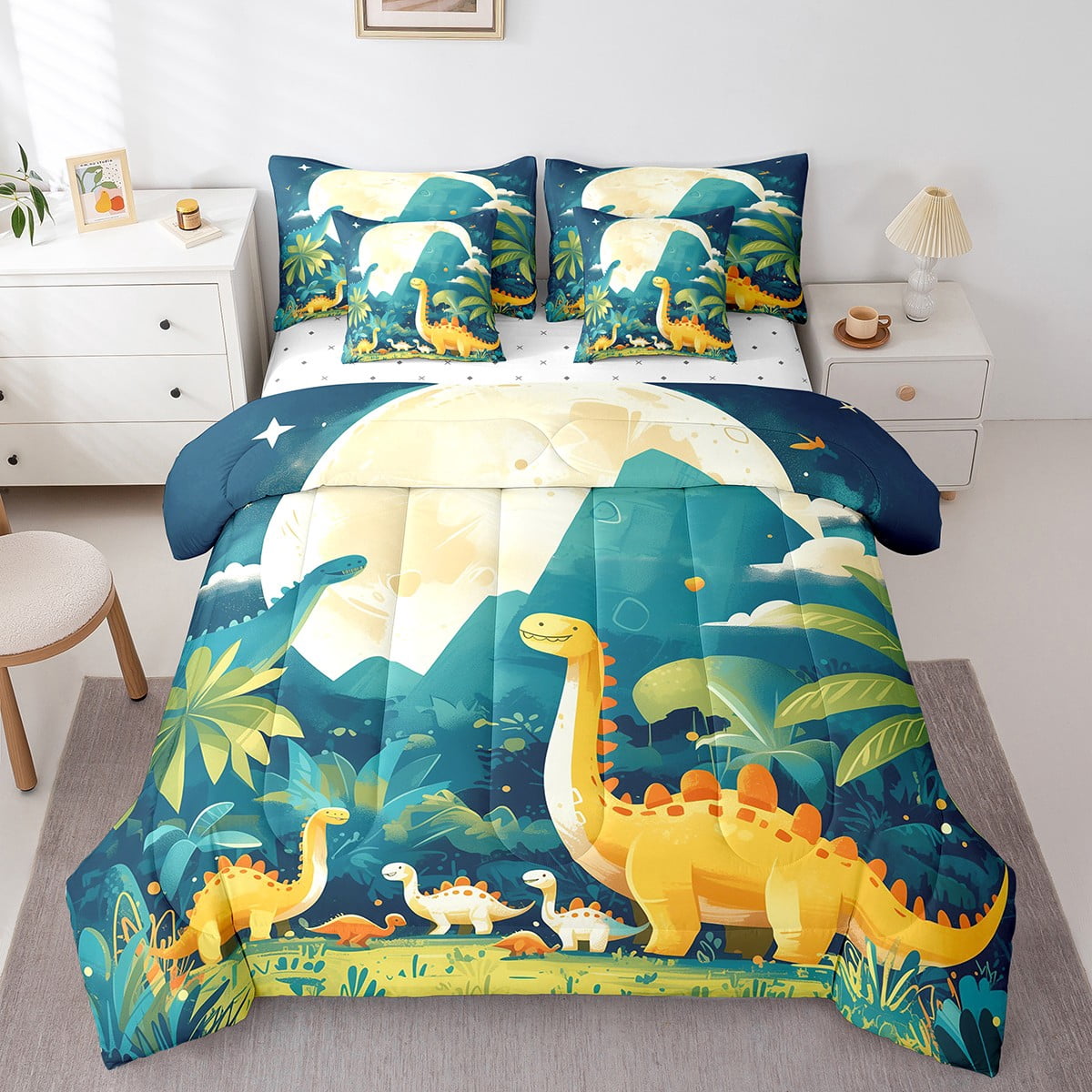 YST Cartoon Car Comforter Set, Colorful Construction Vehicle, 7 Pieces, Polyester, Queen Size (1 Comforter, 1 Flat Sheet, 1 Fitted Sheet, 2 Pillowcases, 2 Throw Pillow Covers)