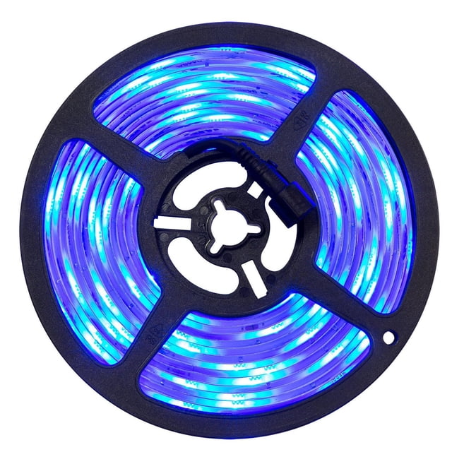 Via 50 Foot Colour Changing LED Light Strip coiled on a black reel, glowing blue with 270 RGB LEDs inside a clear flexible casing and a black connector plug, suitable for customizable ambient lighting in closets, shelves, or headboards with remote control.