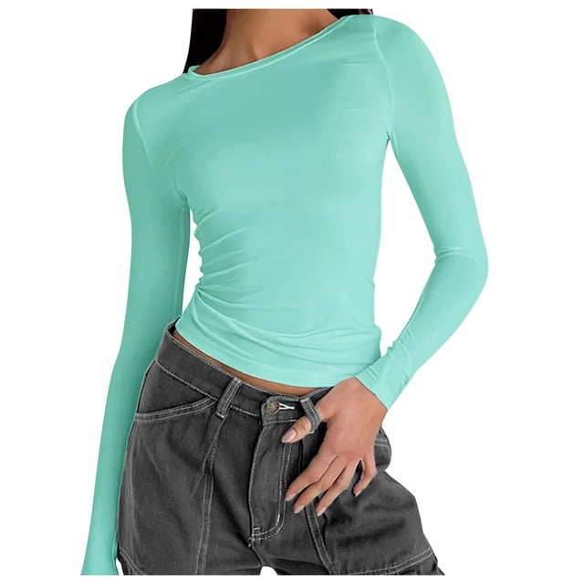 T-Shirts pour Femmes 2025, T-Shirts Femmes, T-Shirts Unis Rround pour Femmes Tendance Col T-Shirt T-Shirts Chauds pour Femmes Ajusté Manches Longues Jr Automne