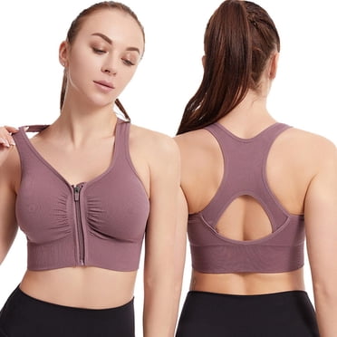 LOVZFMLL Sports Bras for Women High Impact Crisscross Back Zip Front Workout Gym Yoga Crop Tank Top Quick Dry Running Support Bra with Built in Pads Purple L