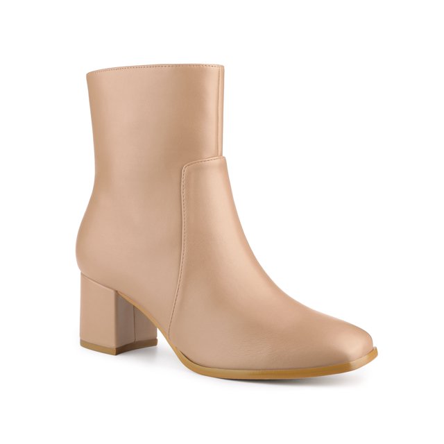 Unique Bargains Women's Square Toe Side Zip Block Heel Ankle Boots Nude (Size 7)