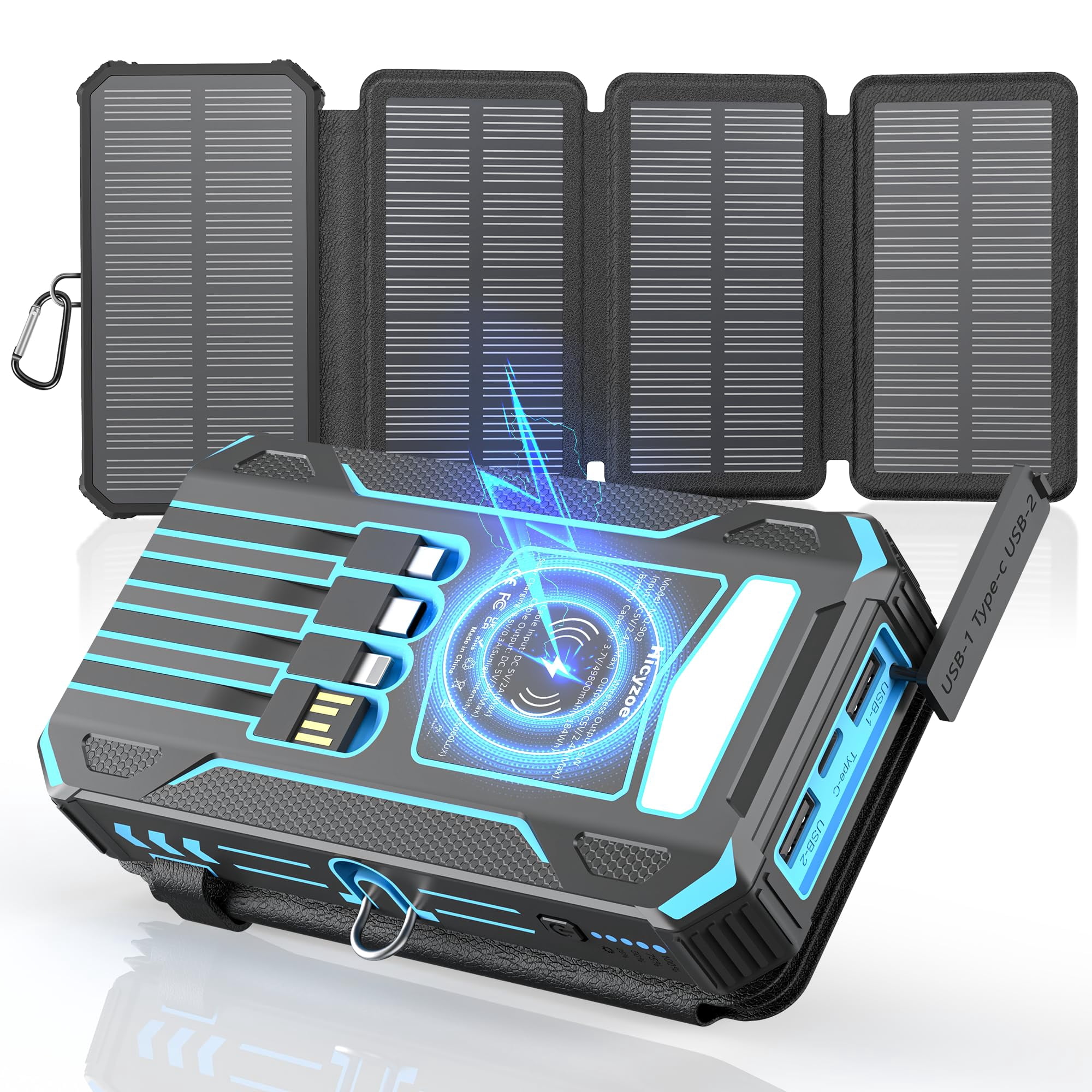 Hicyzoe Solar Charger Power Bank 49800mAh Wireless Portable Phone Charger Built-in 4 Cables and 4 Solar Panels,12W QC3.0 Fast Charging USB-C Battery