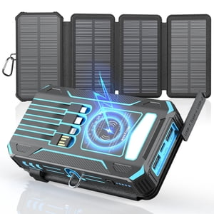 Hicyzoe Solar Charger Power Bank 49800mAh Wireless Portable Phone Charger Built-in 4 Cables and 4 Solar Panels,12W QC3.0 Fast Charging USB-C Battery