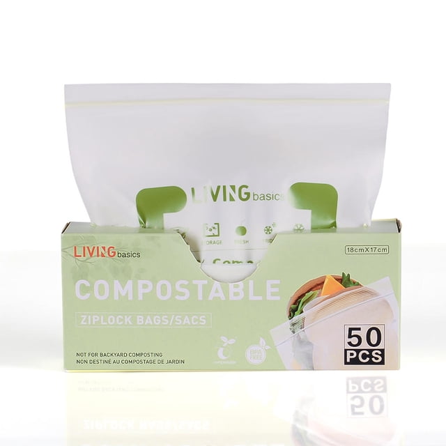 Sacs de Congélation Zippés Réutilisables Sac de Rangement pour Aliments, Sacs à Lunch et Sacs à Collation 100 % Compostables et Écologiques par LIVINGbasics, Présentés en Lot de 50. l'Emballage Écologique Met en Valeur des Caractéristiques Telles Que Sans BPA, durable et Matériau Compostable Fait d'Amidon de Maïs et de PBAT. les Sacs Mesurent 18 x 17 cm et Conviennent pour Ranger des fruits, des Légumes et des Collations Tout en Gardant les Aliments Frais au Congélateur.