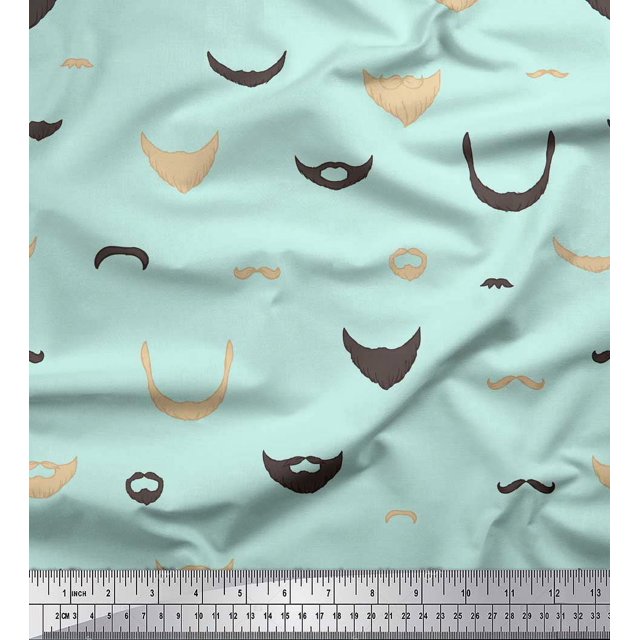 Soimoi Green Poly Georgette Fabric Mustache Face Print Fabric by The Yard 52 Inch Wide