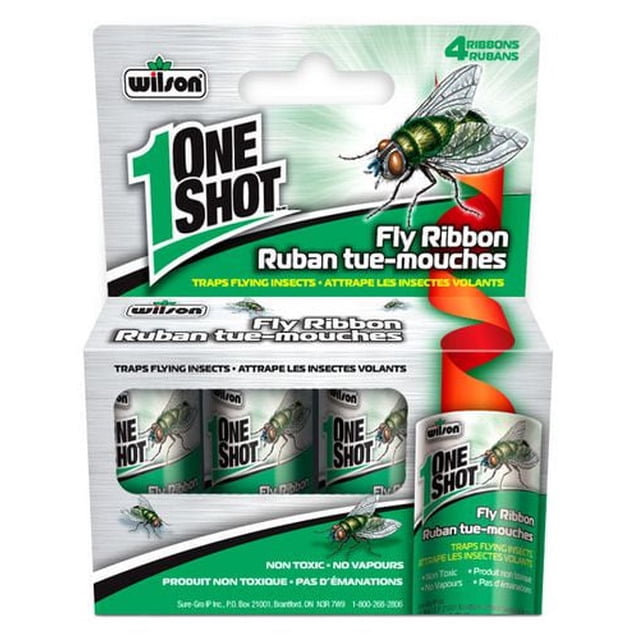 Wilson®One Shot® Fly Ribbon pack with four non-toxic sticky ribbons for indoor and outdoor pest control, trapping flying insects without vapours or odours, featuring green and white packaging with a detailed fly illustration.