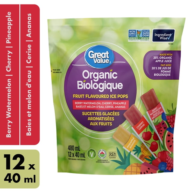 Great Value Organic Fruit Flavoured Ice Pops - Berry Watermelon, Cherry, Pineapple