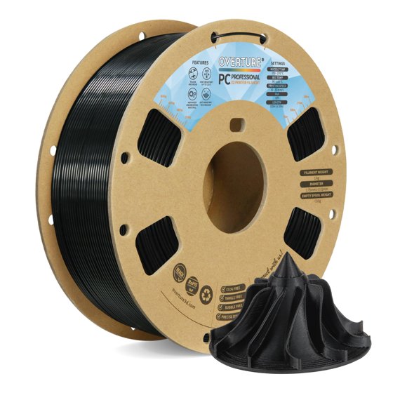 OVERTURE PC Professional Filament Cardboard Spool 1kg(2.2lbs) Dimensional Accuracy Probability +/- 0.02mm Fit Most FDM Printer (Black)