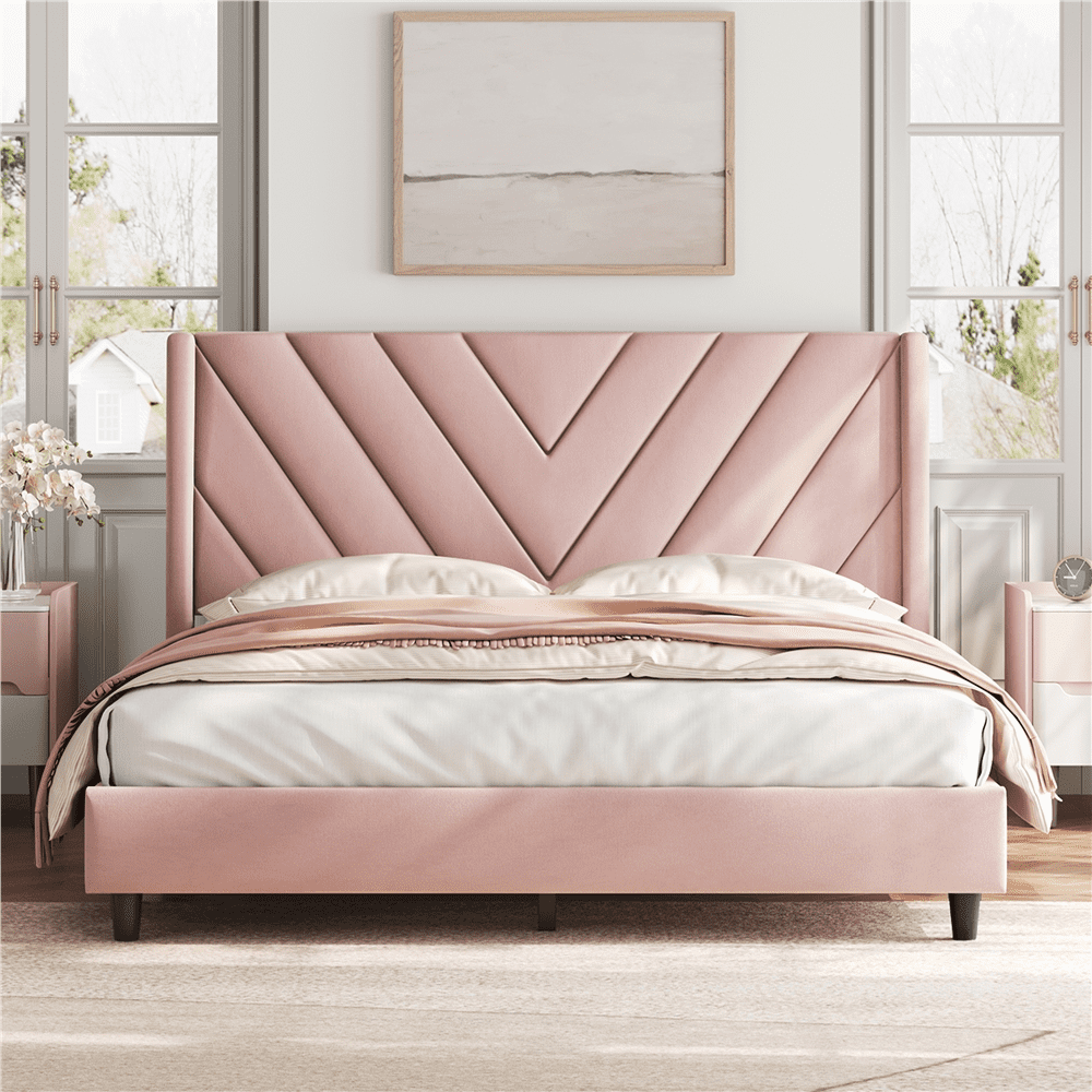 FullFurnique Upholstered Platform Bed Frame with Wooden Slat Support, Queen, Pink
