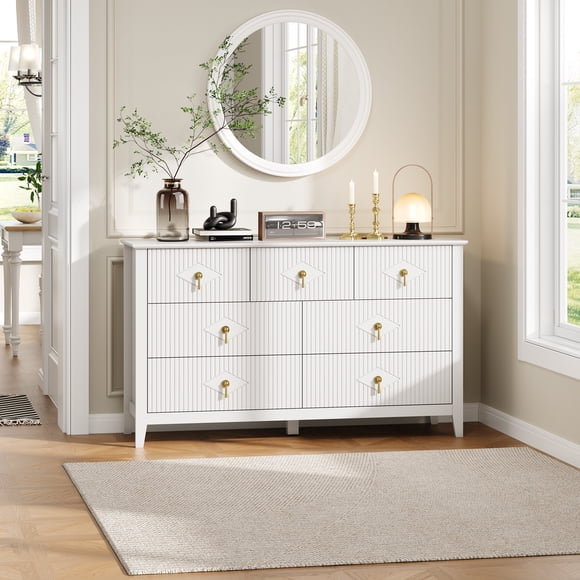 54 Inch Wide 7 Drawer Fluted Dresser with Gold Handles, Modern MDF Storage Chest Cabinet for Bedroom Living Room Entryway, Versatile Media Console TV Stand Organizer