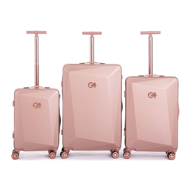 WINGOMART Ensemble de Bagages 3 Pcs avec construction Rigide PC+ABS Légère et durable en Fini Or rose. Comprend des Valises Cabine de 20 Pouces, Moyennes de 24 Pouces et Grandes de 28 Pouces, Chacune Équipée de Roues Doubles Pivotantes, de Verrous Approuvés TSA et de Poignées Ergonomiques Télescopique. Conçu pour le Voyage, la Finition Texturée Résiste aux Égratignures, l'Intérieur Entièrement Doublé Présente des Compartiments Organisés, des Sangles Élastiques et une section Imperméable pour un Emballage Polyvalent.