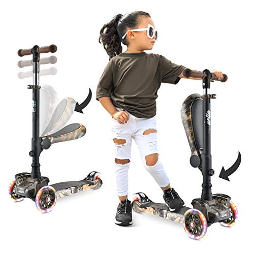 Trottinette à 3 Roues pour Enfants - Roues avec Lumières DEL, Guidon Inclinable Réglable et Siège Pliable - Conduite Assise Ou Debout avec Frein pour Garçons et Filles de 1 à 14 Ans, Vrai Arbre - Hurt