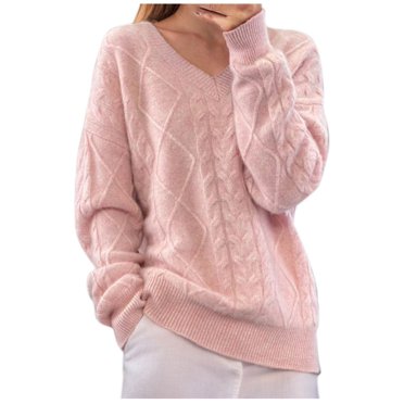 Yanlir Women Solid Color V Neck Knitted Sweater Long Sleeve Pullover Knitwear Casual Blouse Winter Warm Soft Comfortable Tops for Daily Wear(Pink,L)