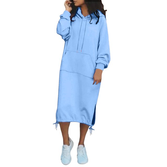 Robe Maxi à Capuche Décontractée pour Femme, Ample, Unie, avec Cordon de Serrage, en Molleton, Chandail à Poche - Automne Chaud
