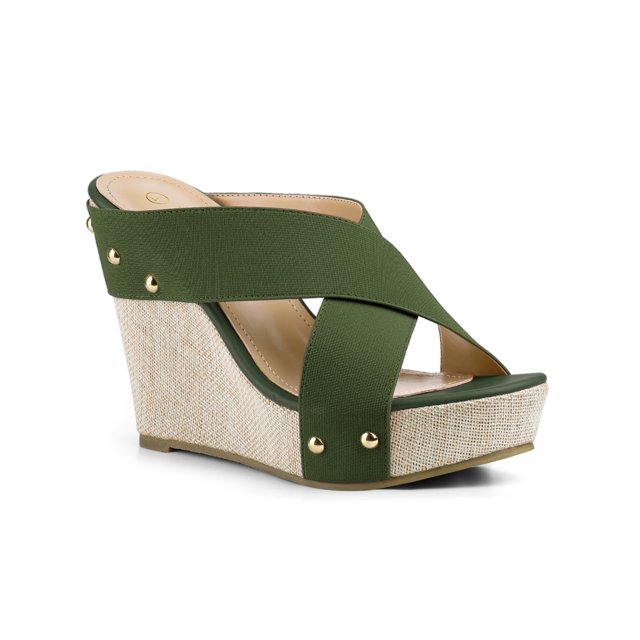 BLISSFUL STEP Sandales à Plateforme en Lin pour Femmes à Talon Compensé, Bout Ouvert, Brides Croisées, Vert Foncé 6