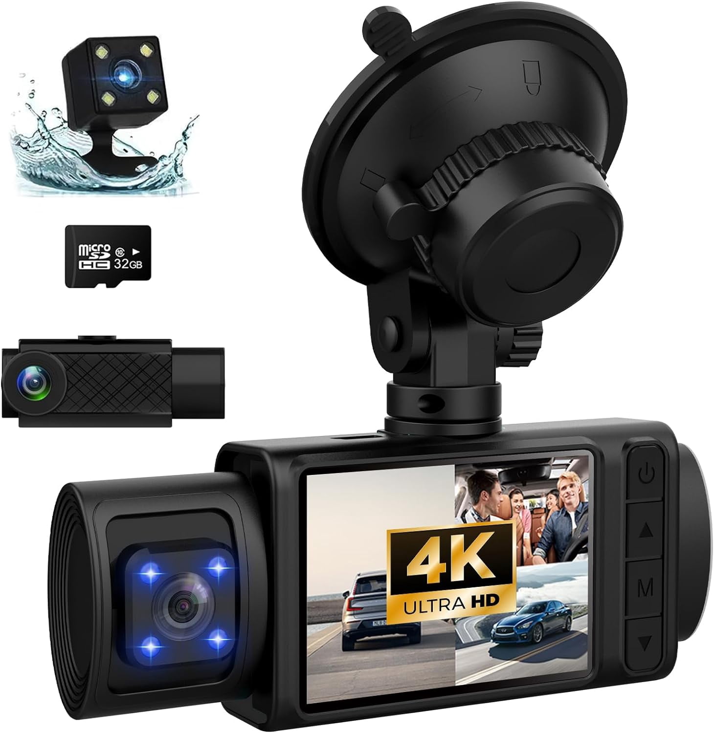Dash Cam, 3 Channel Dash Cam, 4K+1080P Dash Cam Front and Inside, Triple Dash Cam for Car, Dash Camera with 32GB Card, 2160P Full UHD, G-Sensor, 170°