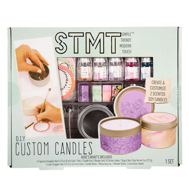 D.I.Y. Custom Candles set by STMT with all materials to create and personalize two scented soy candles, including fragrance droppers, decorative candle tins with floral and heart designs, wicks, color droppers, mixing sticks, and illustrated instructions, perfect for home décor and relaxation.