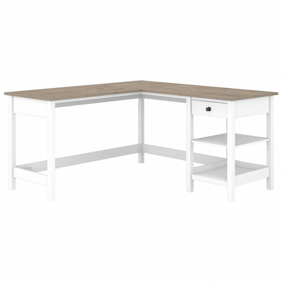 Bush Furniture Mayfield 60W L Shaped Computer Desk with Storage in Pure White and Shiplap Gray