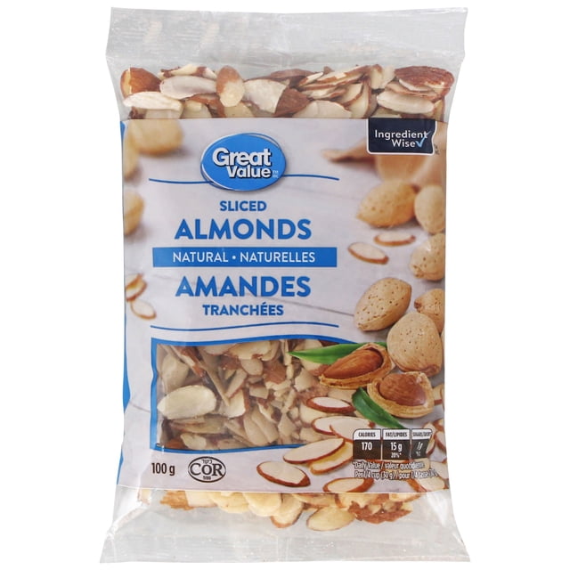 Great Value Natural Sliced Almonds in a 100 g clear plastic bag with blue and white label showing whole and sliced almonds, Ingredient Wise symbol, and nutrition facts, suitable for baking, cooking, and as nut toppings.