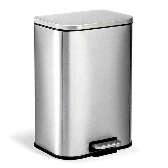 3.2 Gallon Trash Can for Kitchen, Stainless Steel Step Trash Can with Soft-Close Lid & Removable Inner Bucket, Rectangular Garbage Can for Office Bathroom Living Room, Silver