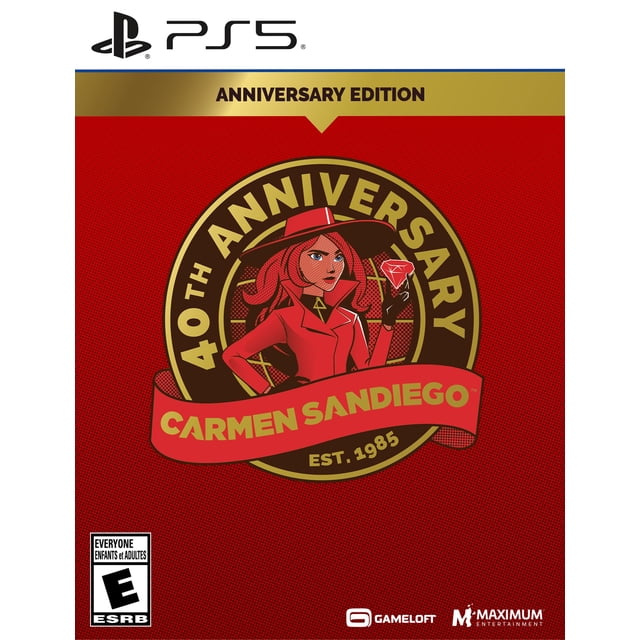 Carmen Sandiego Édition 40e Anniversaire PlayStation 5 Couverture de Jeu Mettant en Vedette un Emblème Circulaire Rouge et Or avec Carmen Sandiego dans Son trench Rouge signature et un Chapeau à Grand Bord Tenant une Gemme Rouge, Ensemble sur un Fond Texturé Rouge avec Texte d'Anniversaire, Cote ERB, et logos Gameloft et Maximum Entertainment.